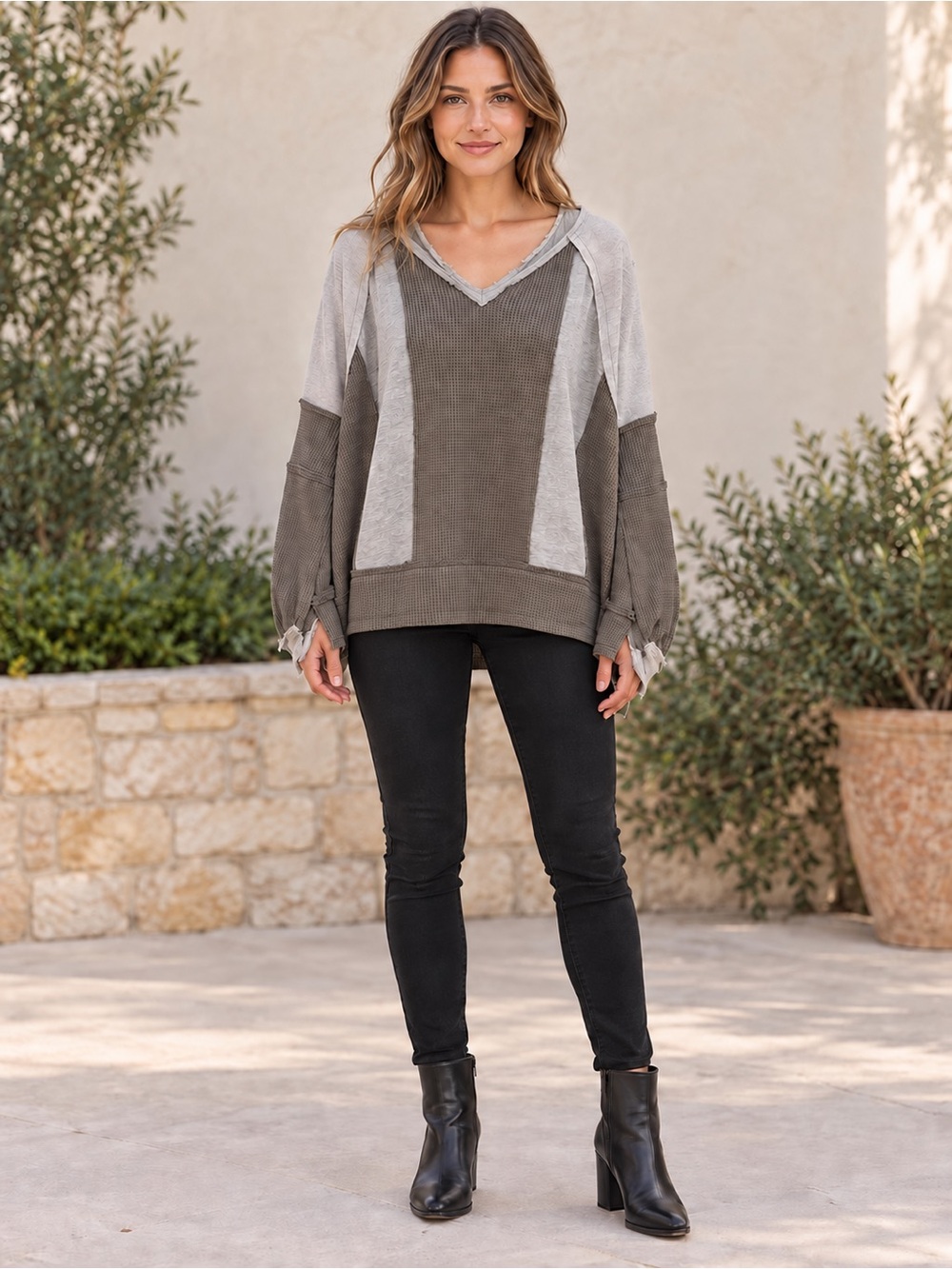 H161 New POL L ptp34 Two-Tone Waffle Knit Pullover in Gray and Light Gray